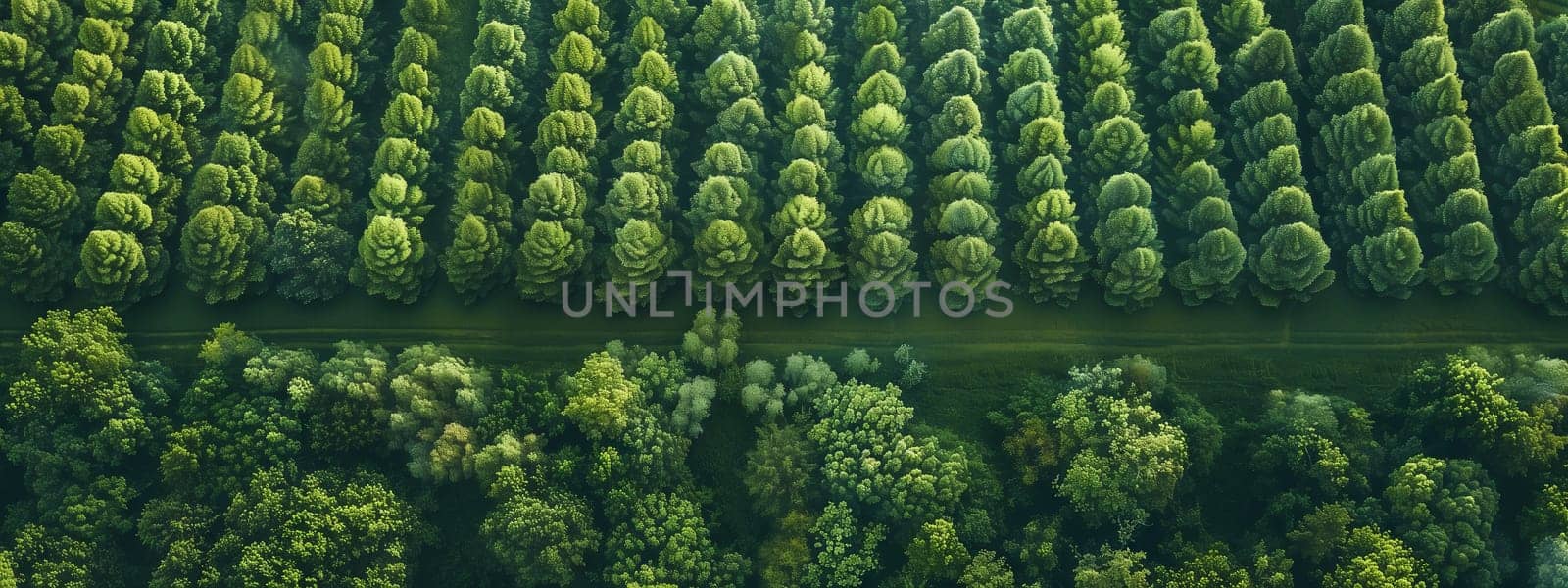 A view from above of a dense forest with lush green terrestrial plants, grass, and conifer trees. A river meanders through, creating a beautiful pattern in the landscape