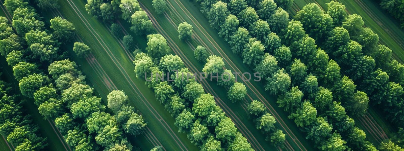 A picturesque landscape of rows of trees planted in a field, creating a beautiful pattern from an aerial view