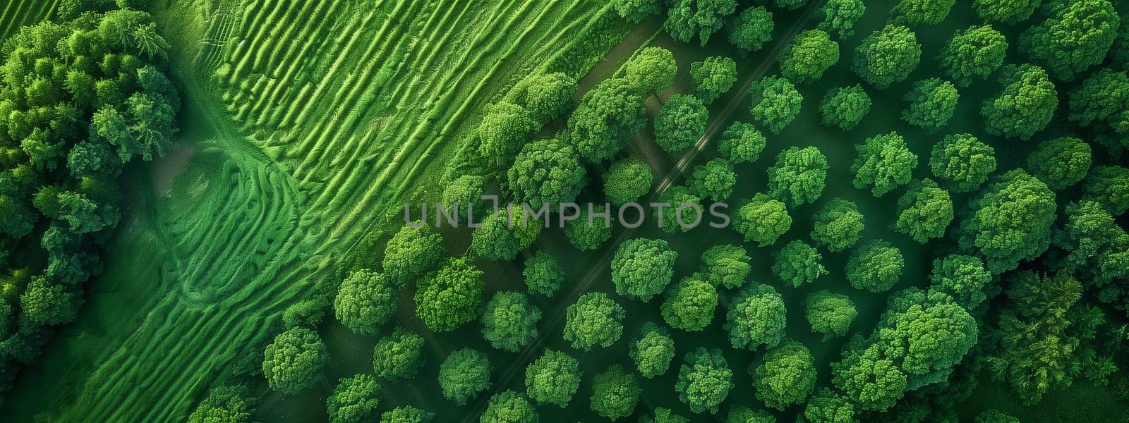 A stunning aerial view of a vibrant forest and green fields showcasing the natural beauty of terrestrial plants, grass, leaf vegetables, and flowering plants with a symmetrical pattern