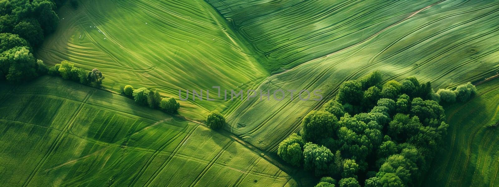 An aerial view of a grassy field with terrestrial plants and trees in the background, creating a natural landscape with hills and slopes