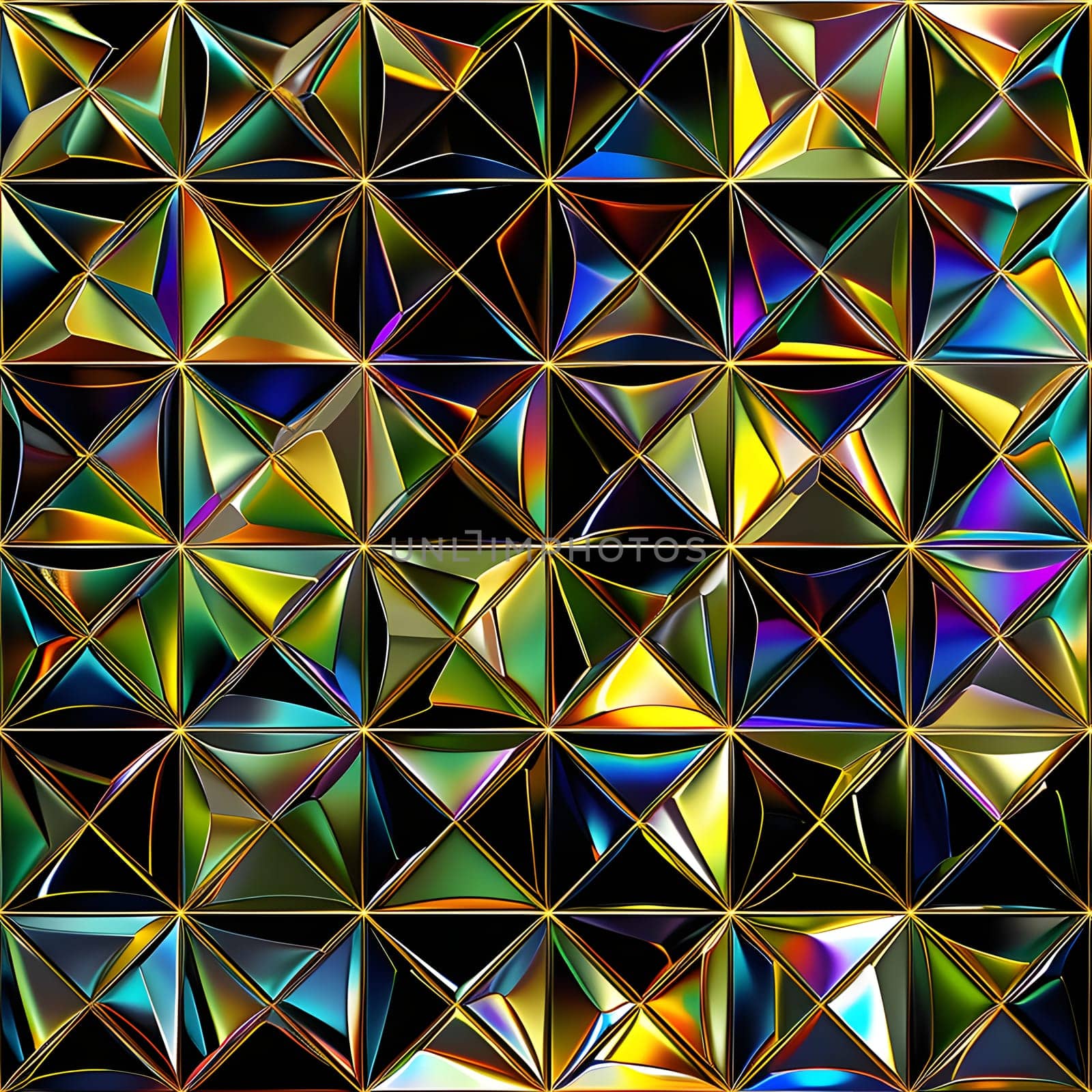 Seamless texture and full-frame background of colorful glass mosaic triangular tiles. Neural network generated image. Not based on any actual scene or pattern.