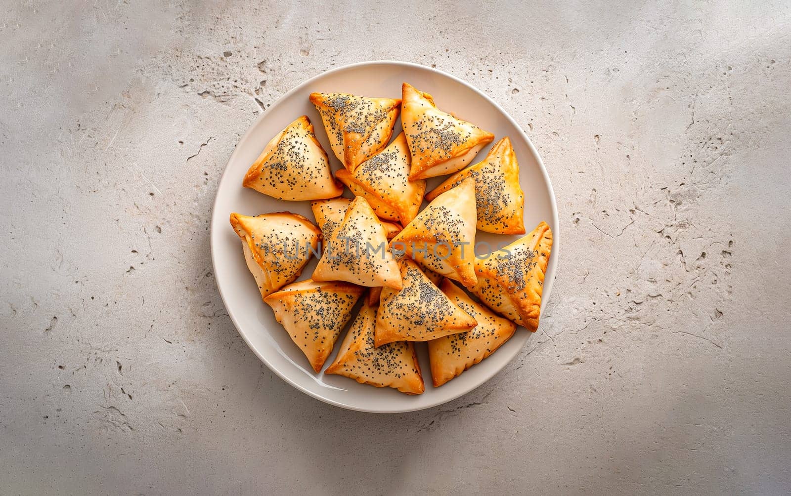 Top View Triangular Hamantaschen With Poppy Seed Filling On White Plate On Concrete Background. Traditional Jewish Pastry, Bakery Ai Generated. Purim Holiday. Horizontal Plane