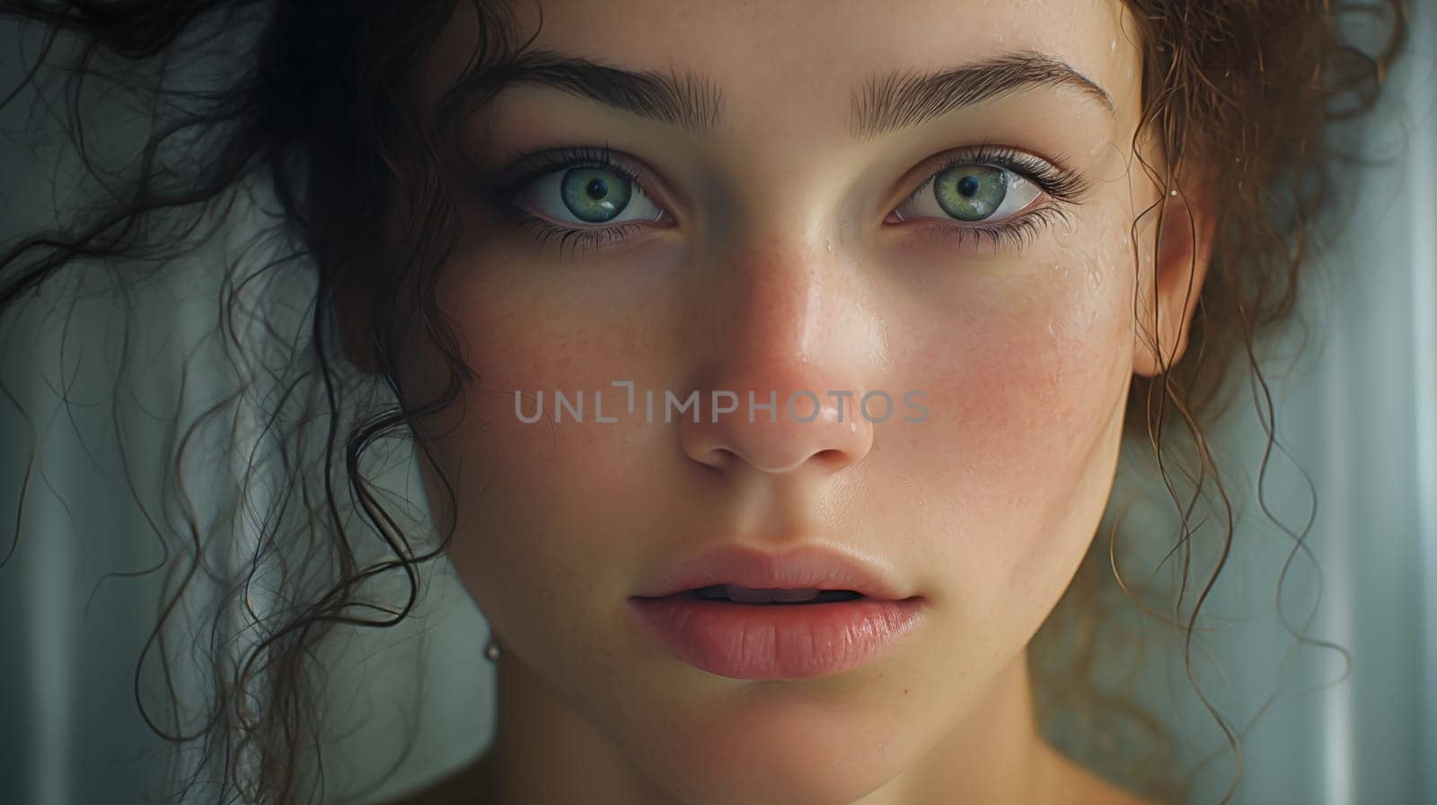 Oil Paint Portrait of Young Caucasian Beautiful Woman with Blue Eyes and Brown Curly Hair. Close Up. Wallpaper. Horizontal AI Generated by netatsi
