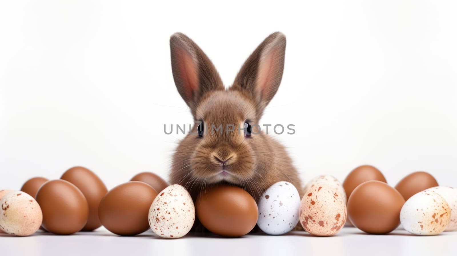 Adorable small brown rabbit behind pile of speckled chocolate Easter eggs. Cute bunny with colorful eggs, festive spring decoration capturing essence of Easter holiday.