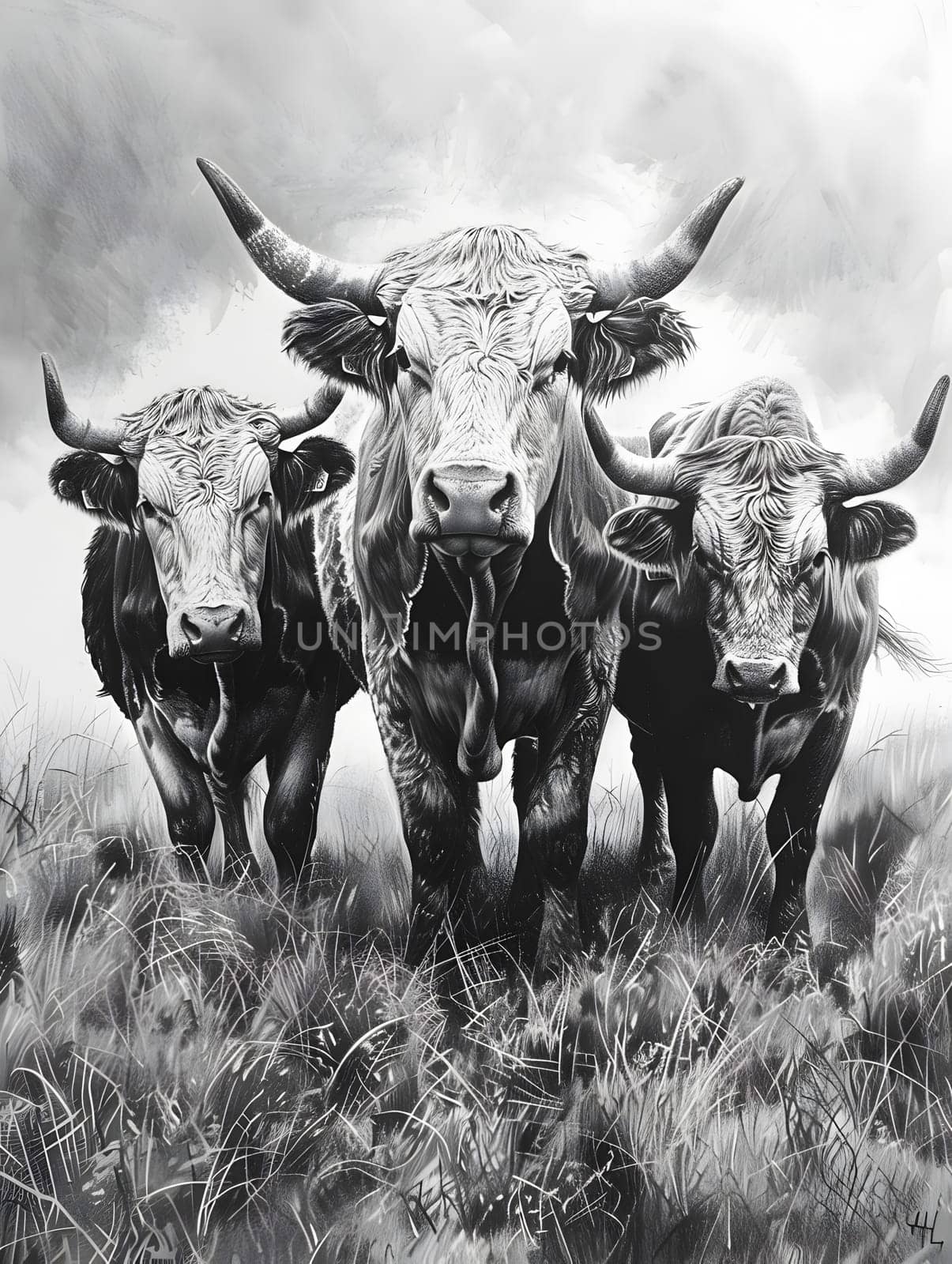 A monochrome image featuring three bulls with horns and white spots, standing in a grassy field under a clear sky
