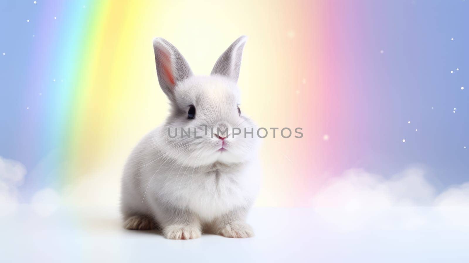 A fluffy white bunny with soft fur and adorable deep blue eyes, set against a vibrant pastel rainbow background. Perfect for childrens books, Easter themes, and whimsical designs.