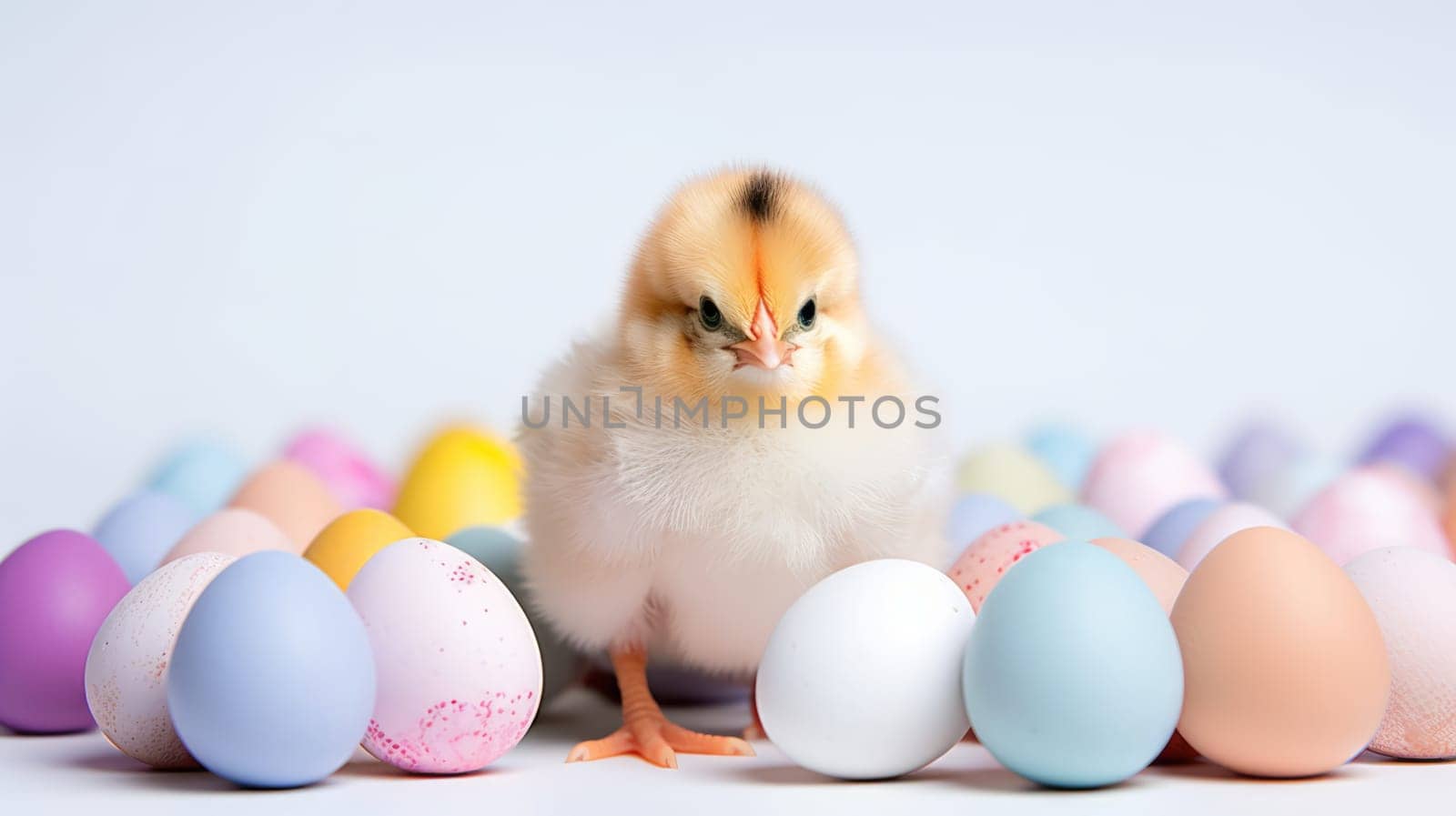 Fluffy yellow baby chick standing in front of colorful Easter eggs by JuliaDorian