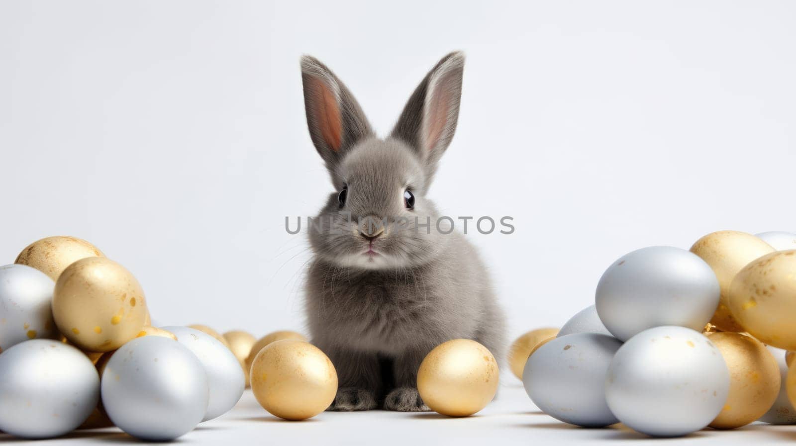 A charming small gray rabbit surrounded by shiny gold and silver Easter eggs on a bright white background. The rabbit is gazing directly at the camera, adding a touch of whimsy to the festive scene.