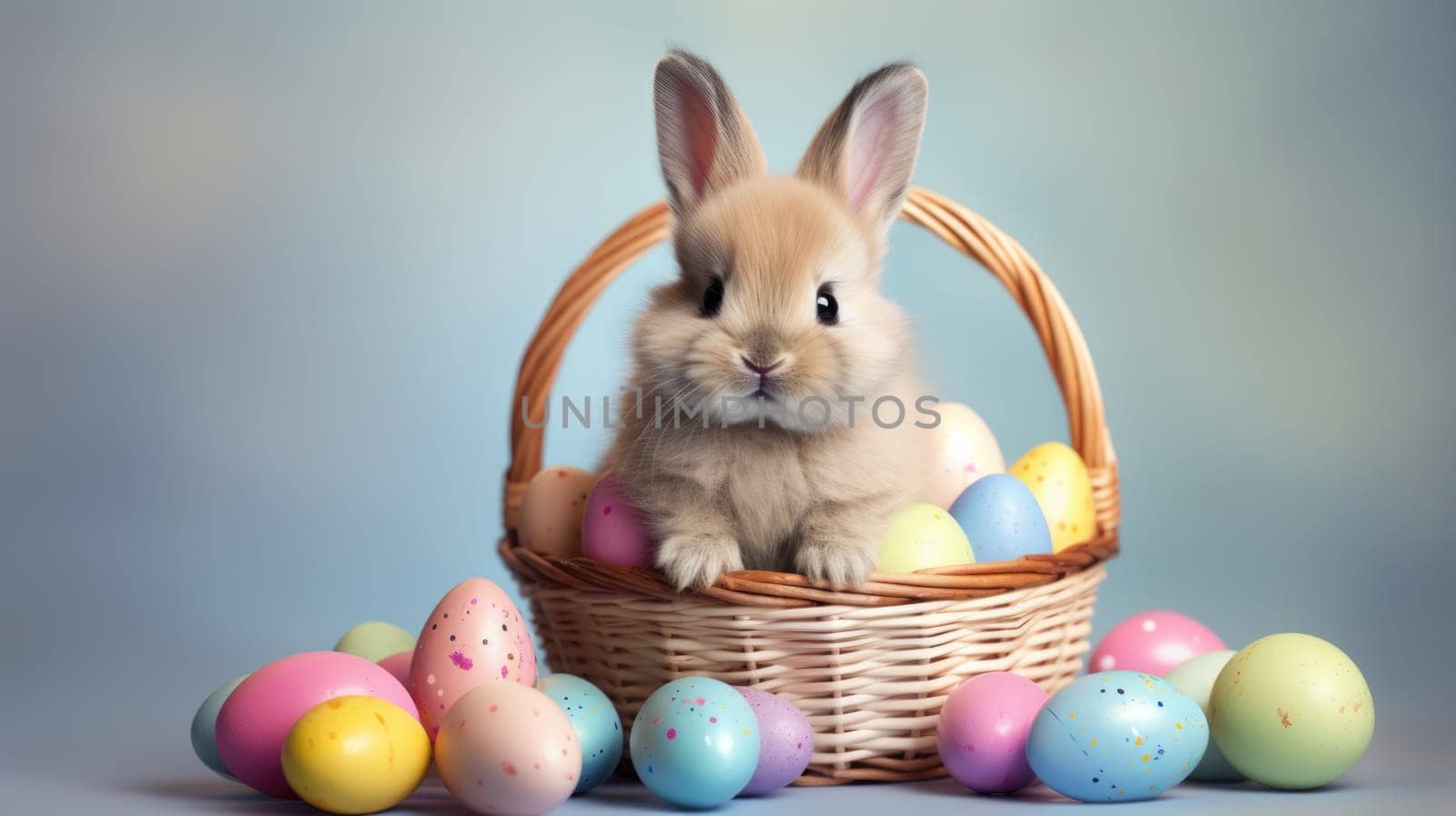 A fluffy white rabbit with long ears in a basket surrounded by Easter eggs on a blue background. Curious expression, vibrant colors. Ideal for Easter or spring projects.