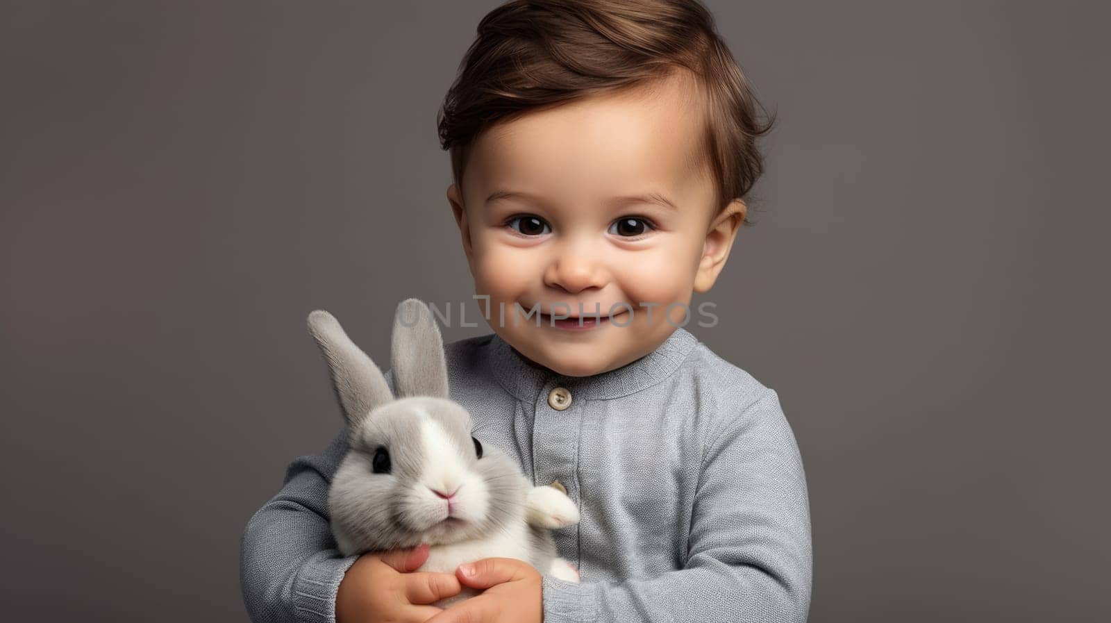 Studio shot of toddler boy hugging gray Easter bunny in heartwarming display of love and affection. by JuliaDorian