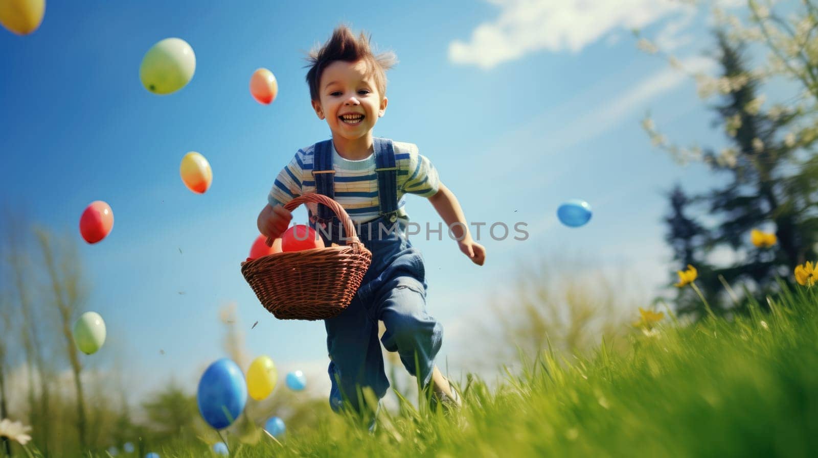 Child excitedly participates in Easter egg hunt, running on green grass with a wicker basket filled with vibrant eggs. Dressed in striped shirt, jeans, sneakers, exuding joy under sunny blue sky.