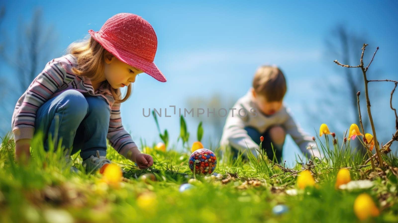 Children searching for colorful Easter eggs in lush green grass on a sunny spring day, enjoying the excitement and joy of the holiday tradition. Perfect for Easter or spring-themed designs.