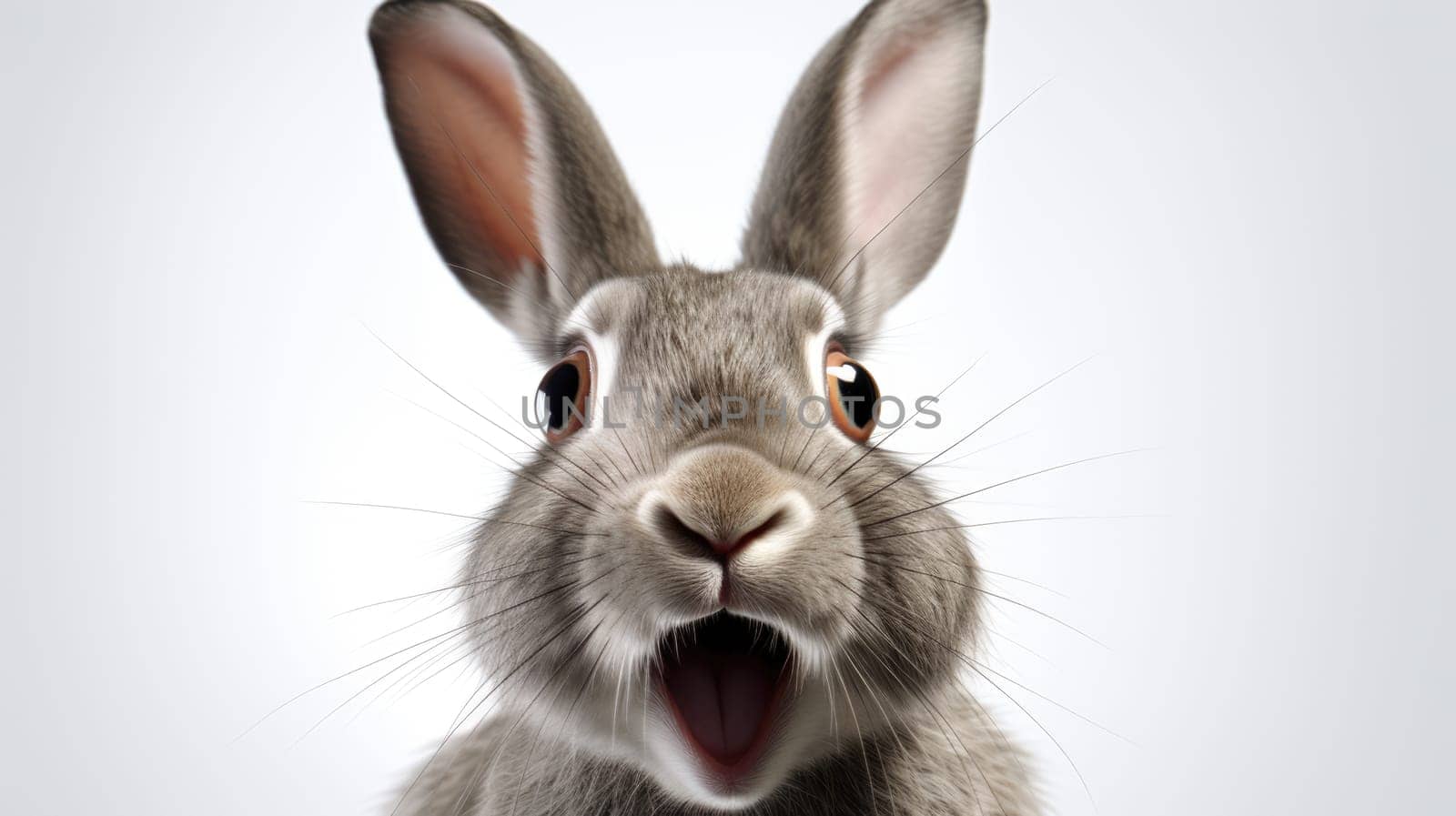 Funny Gray Rabbit with Big Eyes on Light Gray Background, Cute Animal Portrait by JuliaDorian