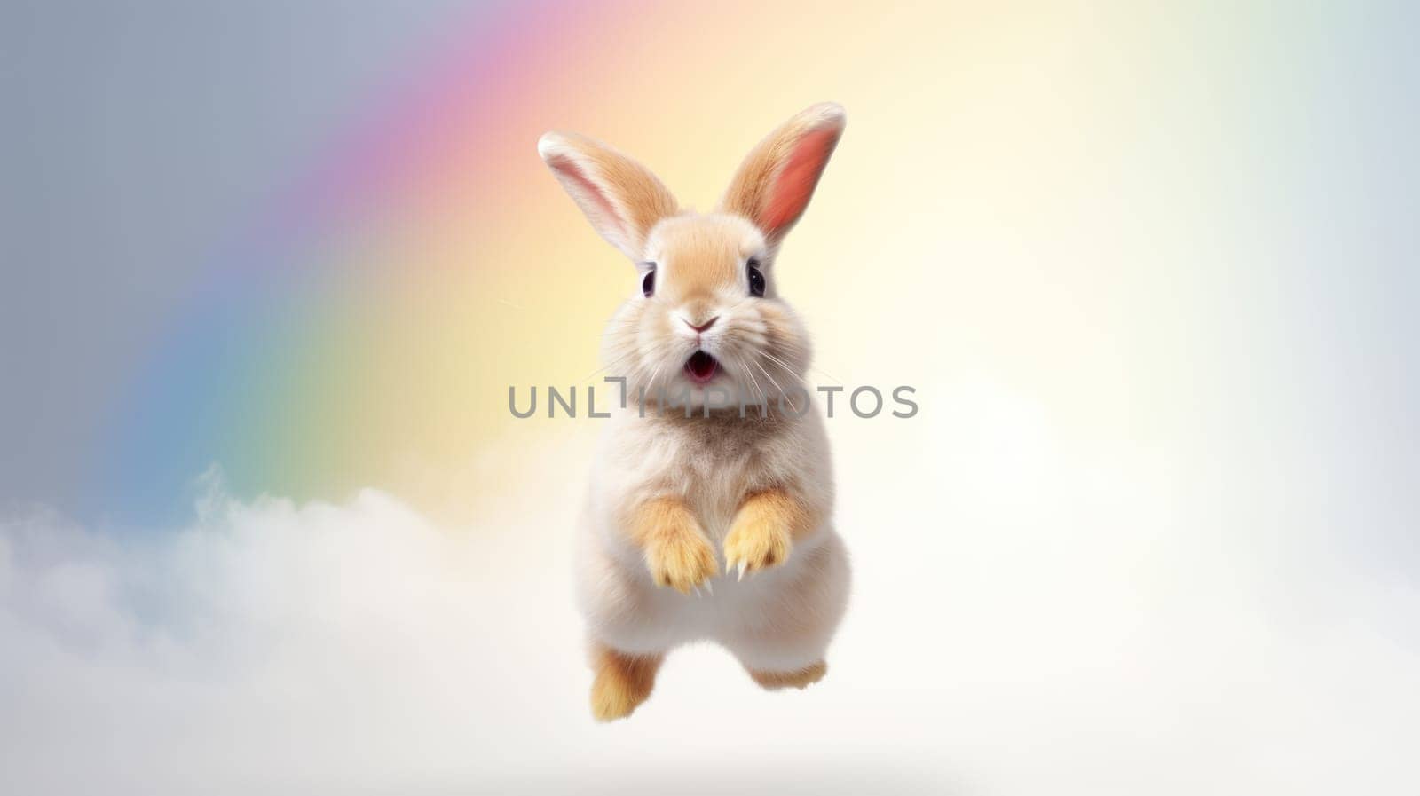 A fluffy white bunny joyfully leaps on white clouds under the bright sun, capturing natures beauty and the bunnys innocence, bringing joy and wonder.
