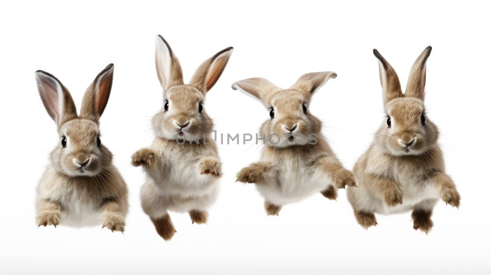 Four brown rabbits standing on hind legs in a charming pose against a white backdrop. Perfect for pet stores, animal shelters, vet clinics. Shows their natural beauty and playful spirit.