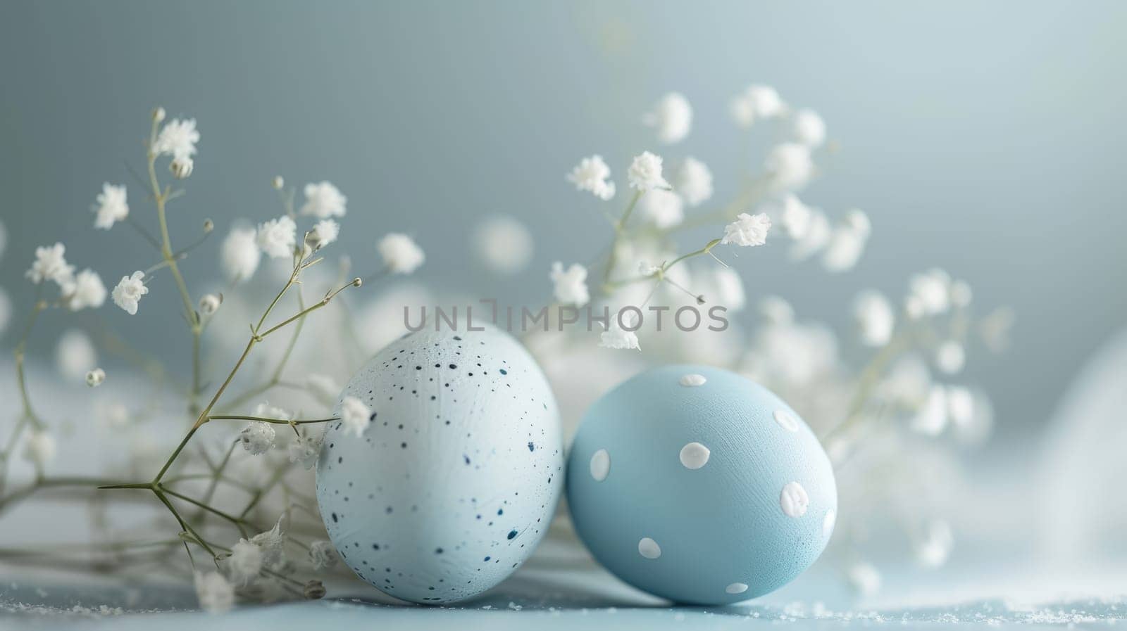 Two Blue Easter Eggs with White Polka Dots on Light Blue Background by JuliaDorian