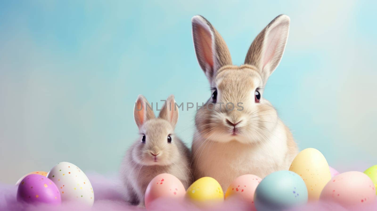 Two cute rabbits posing together, one sitting upright with perked ears, the other with folded ears beside. Both looking at the camera. Soft blue background with clouds.