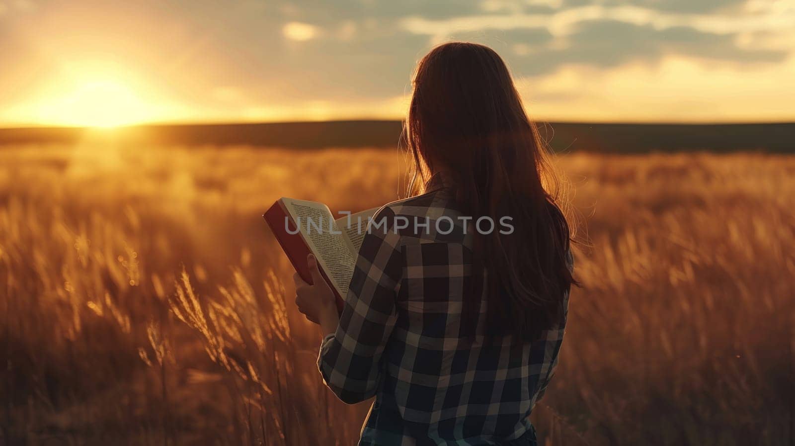 Back view of caucasian girl reading a book at meadow during sunset. Generative AI by golfmerrymaker