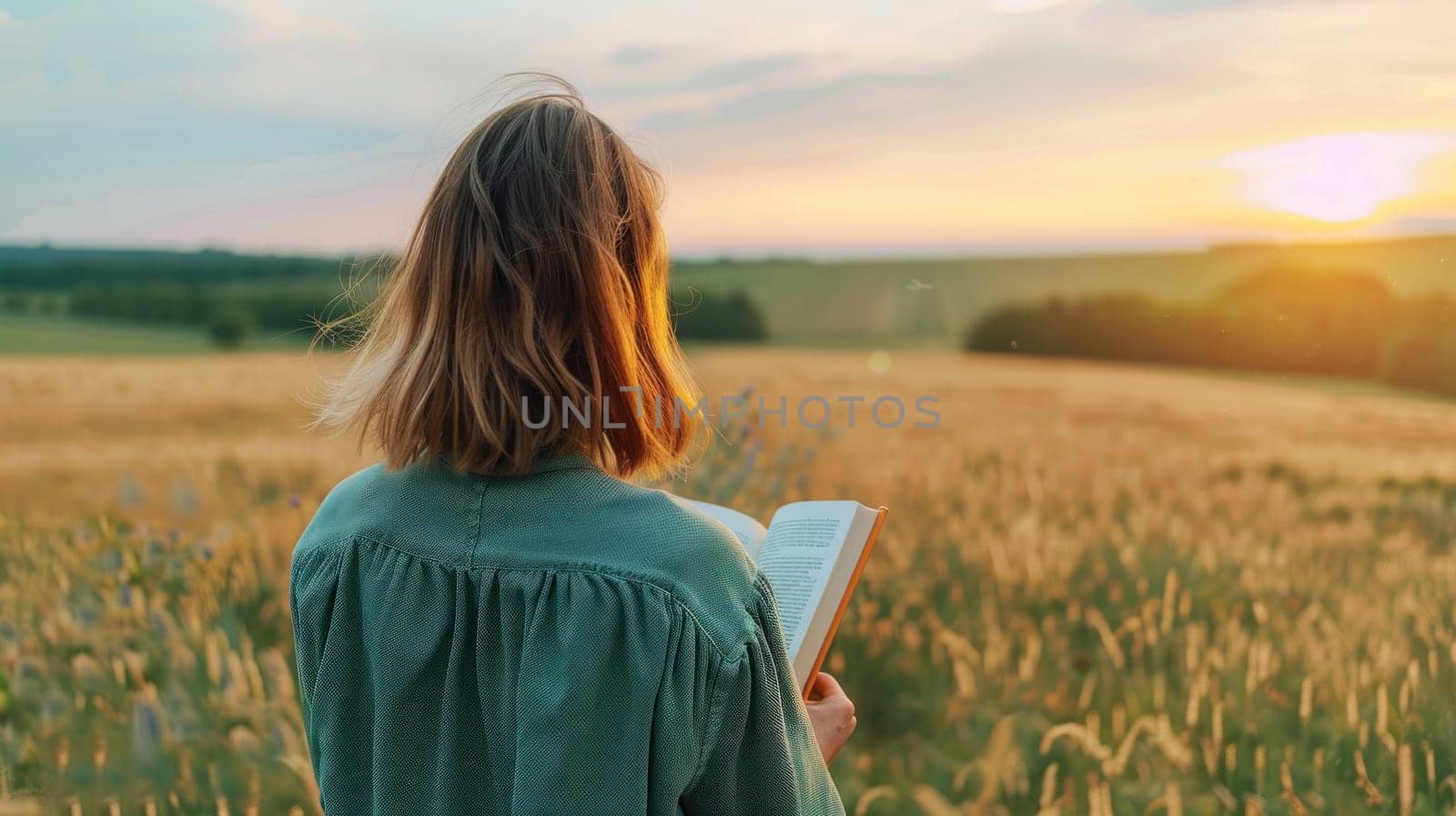 Back view of caucasian girl reading a book at meadow during sunset. Generative AI by golfmerrymaker