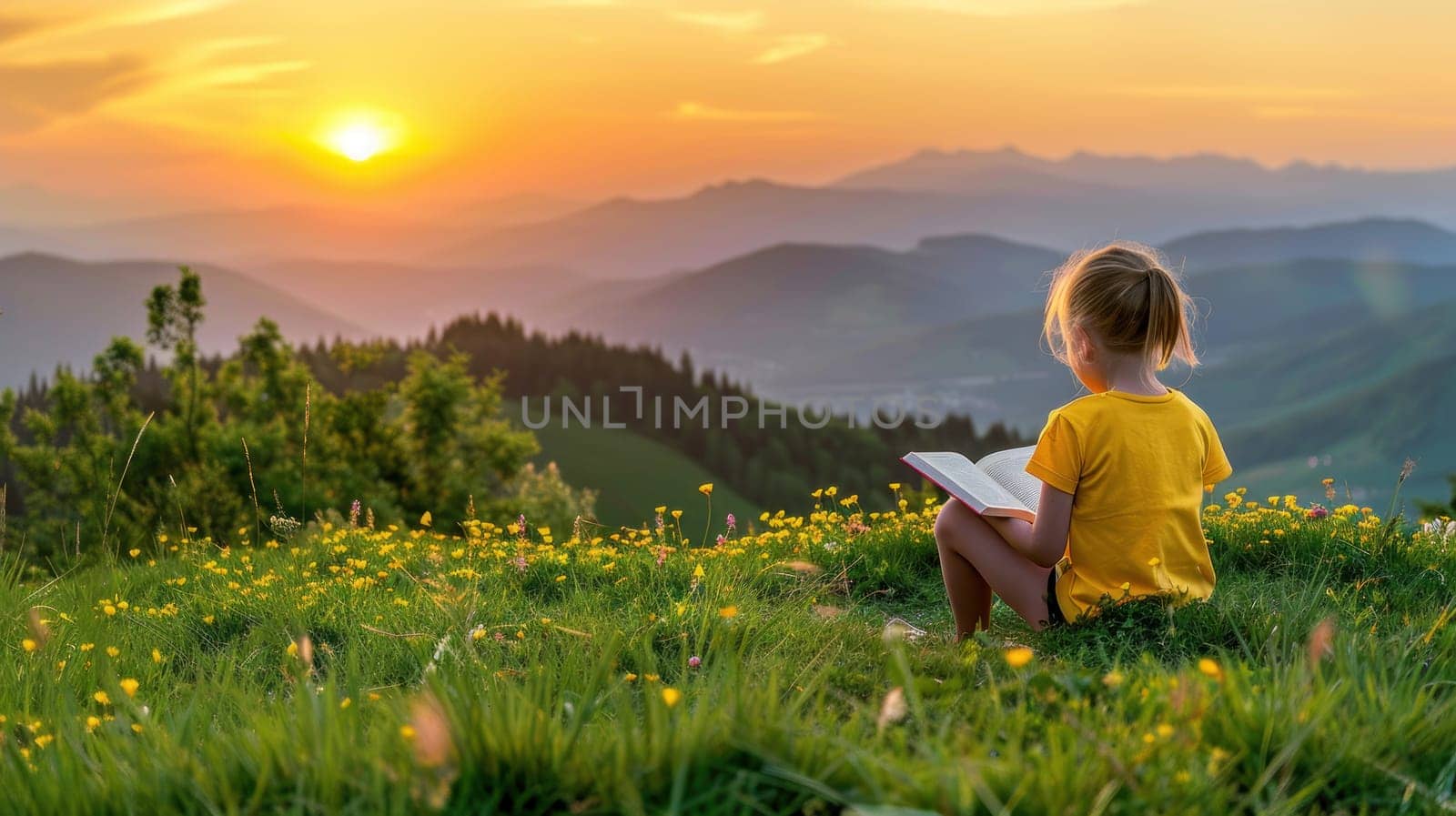 Back view of caucasian girl reading a book at meadow during sunset. Generative AI.