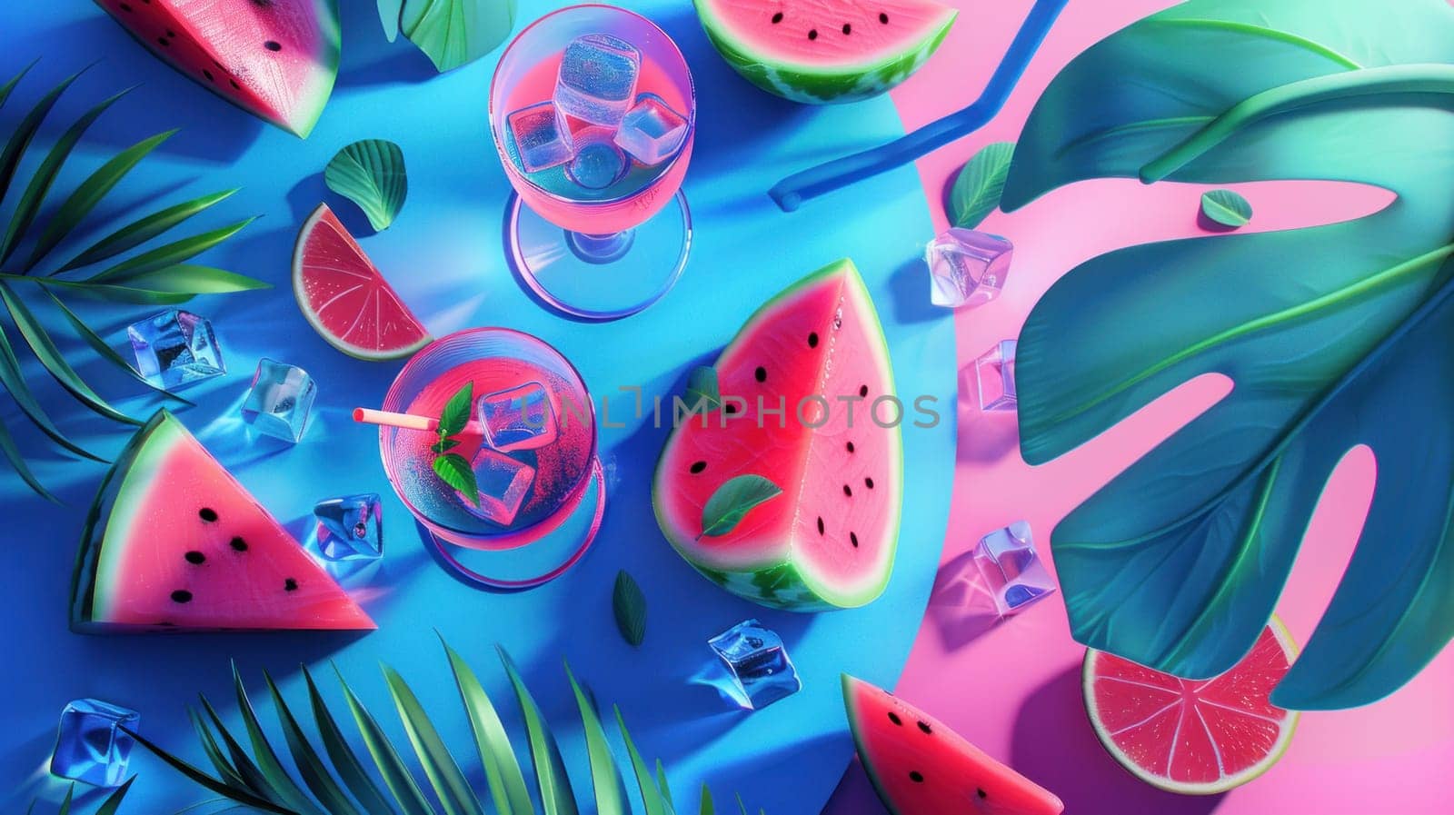 Background summer party colorful with watermelon. Generative AI.