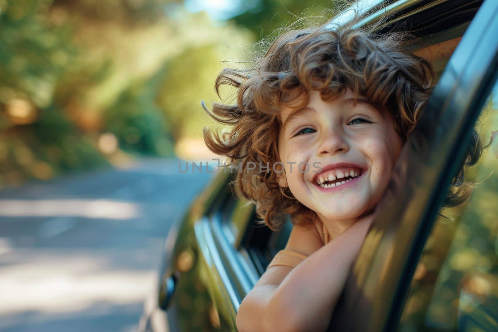 Happy kids looks out the car window, Family holiday vacation travel, Summer road trip concept.