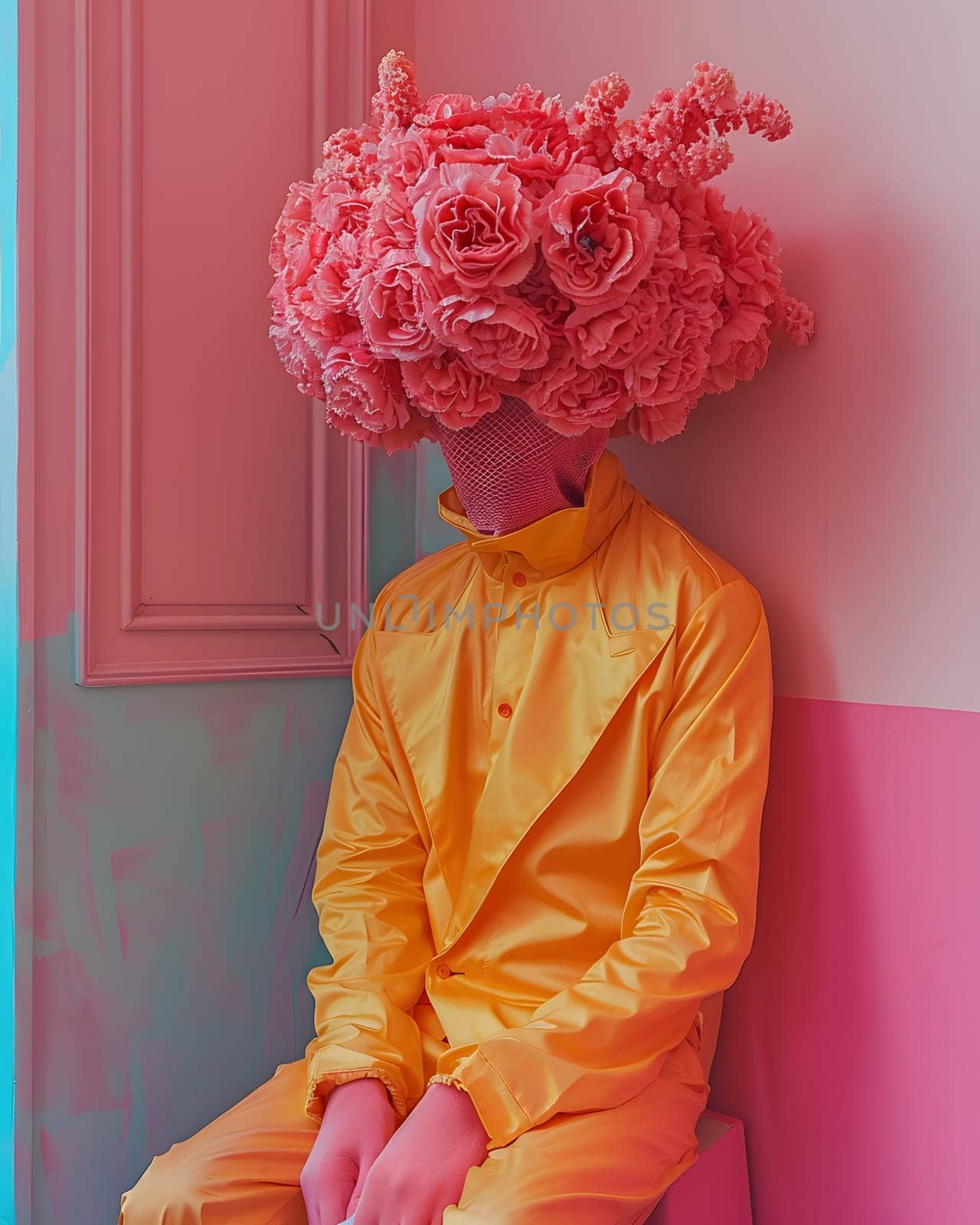 A man wearing a yellow suit sports a glamorous pink wig adorned with orange flowers. The unique fashion design creates a stunning and entertaining look