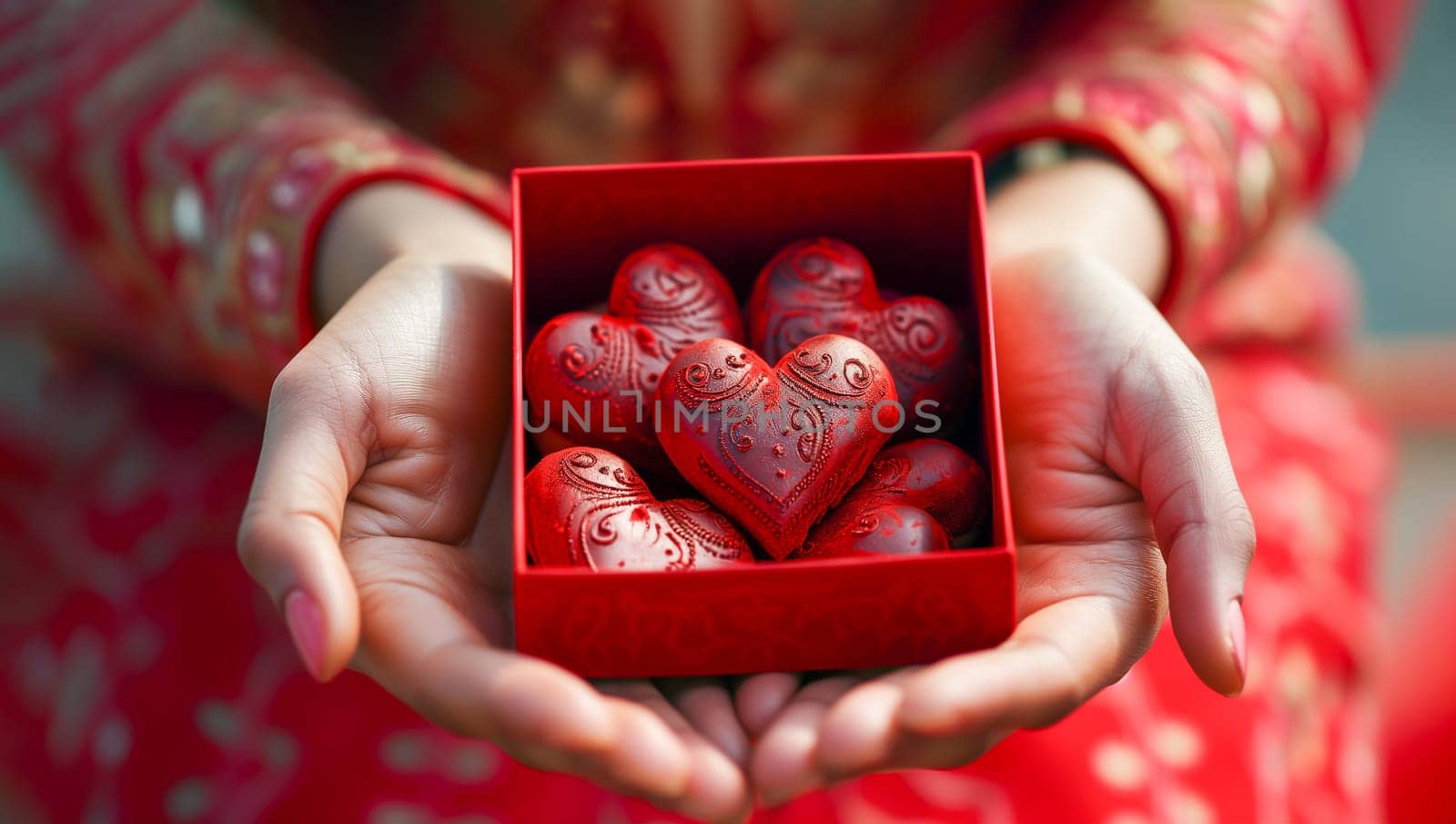 Box of Red Chocolate Sweets, Dessert in Shape of Heart in Hands of Indian Asian Woman Wearing Red National Dress. St. Valentine's Day or Wedding. Love, February, 14 AI Generated Horizontal. by netatsi