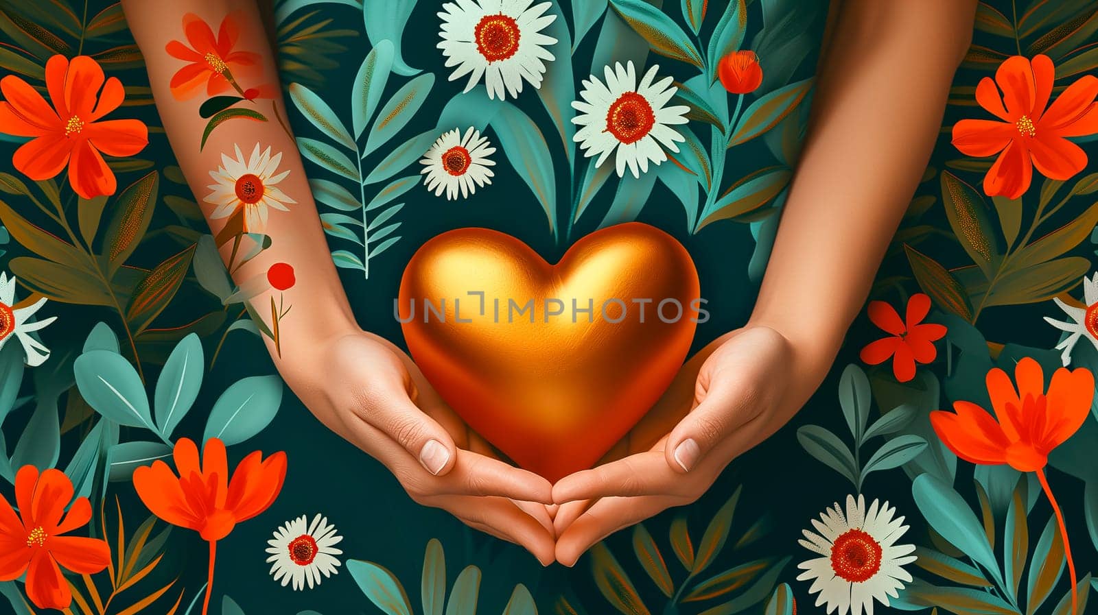 Hands Of Child, Kid holding Golden Heart among Bloom, Meadow Flowers. World International Children Day. Happy Childhood. View From Above Wallpaper. Horizontal. Booling Problem. AI Generated. by netatsi