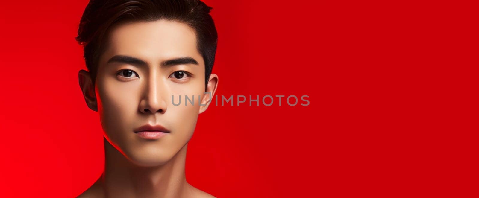 Elegant handsome young male guy Asian, on red background, banner, copy space, portrait. by Alla_Yurtayeva