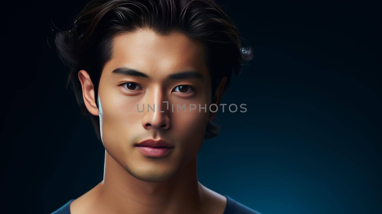 Elegant handsome young male guy Asian, on a dark blue background, banner, copy space, portrait. Advertising of cosmetic products, spa treatments, shampoos and hair care products, dentistry and medicine, perfumes and cosmetology for men