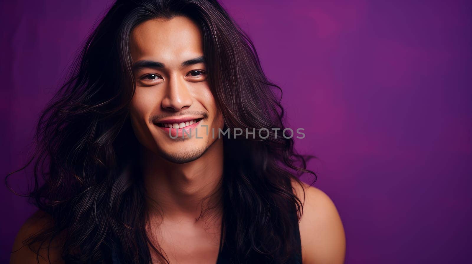 Elegant handsome smiling young Asian man with long hair, on purple background, banner, copy space, portrait. by Alla_Yurtayeva