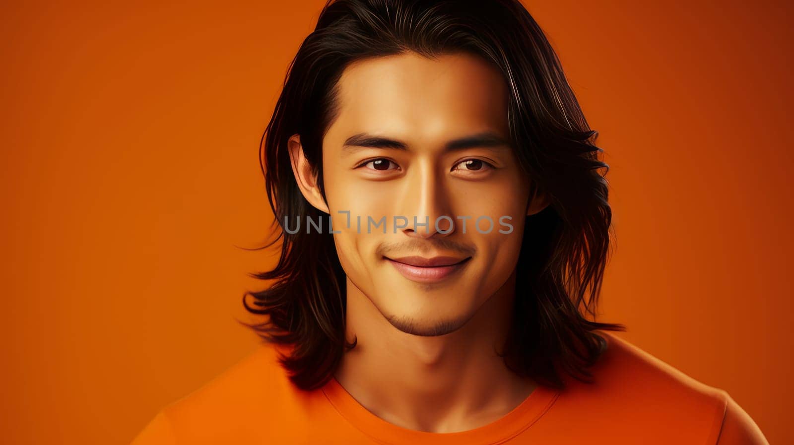 Elegant handsome smiling young Asian man with long hair, on yellow orange background, banner, copy space, portrait. by Alla_Yurtayeva