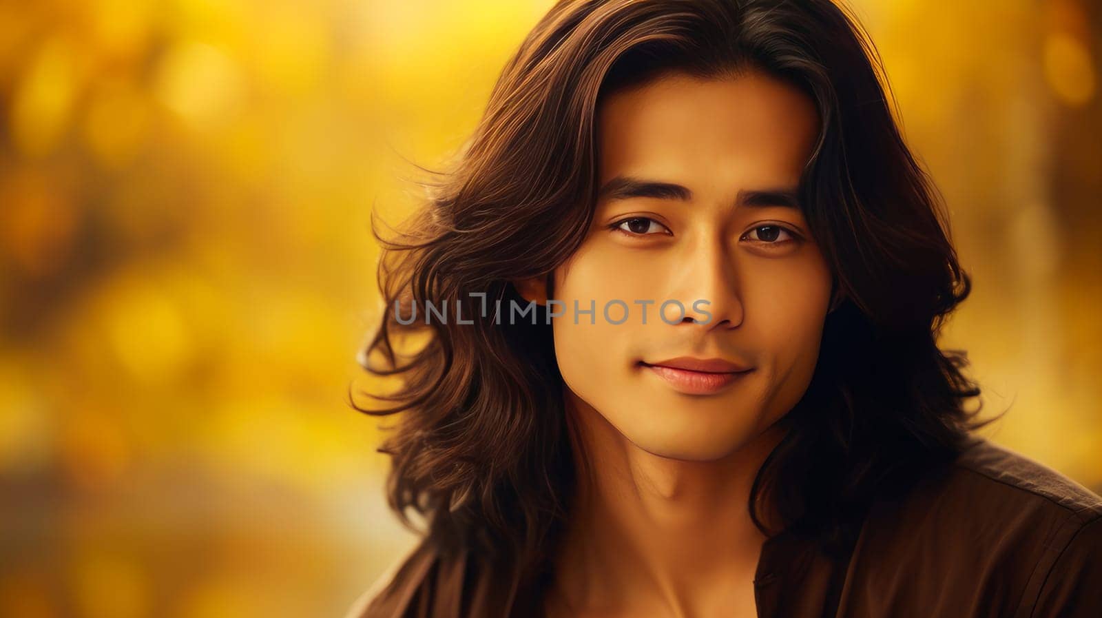 Elegant handsome smiling young Asian man with long hair, on gold, banner, copy space, portrait. by Alla_Yurtayeva