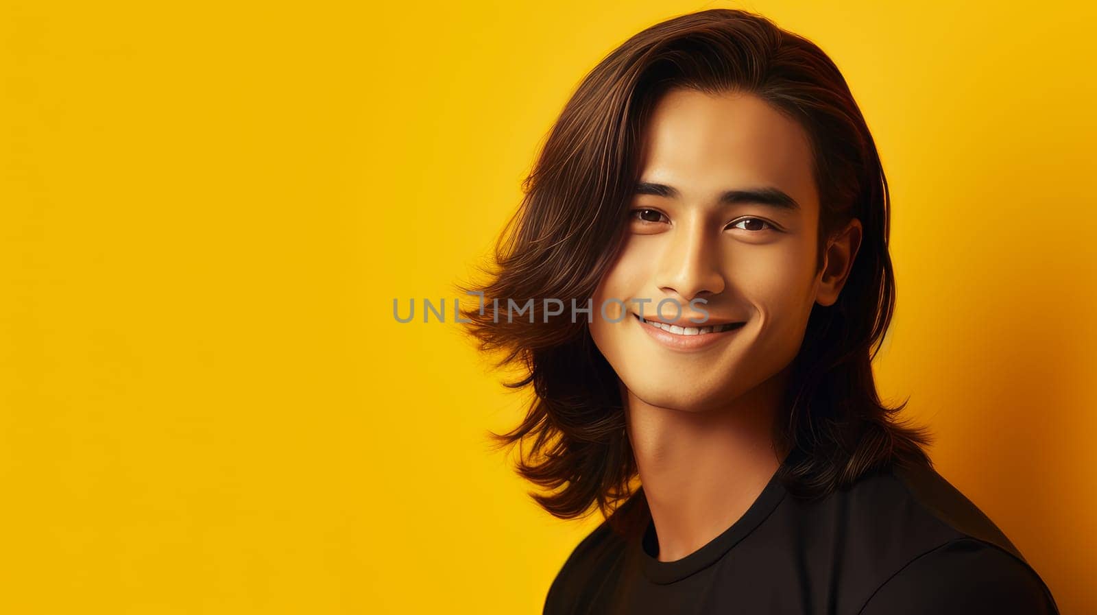 Elegant handsome smiling young Asian man with long hair, on yellow, banner, copy space, portrait. by Alla_Yurtayeva