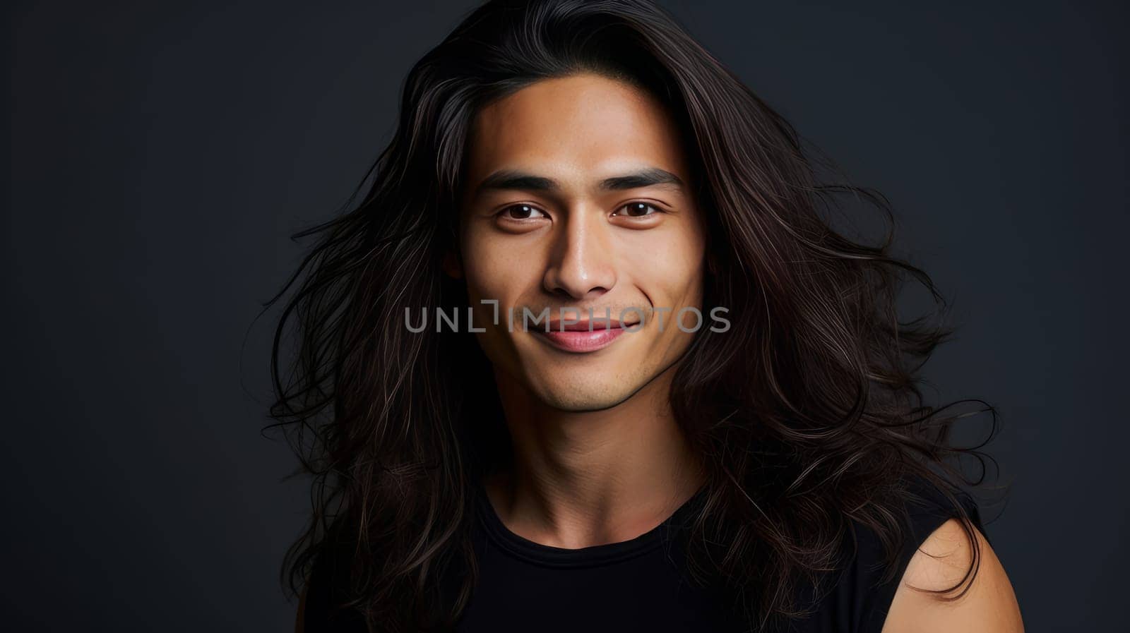 Elegant handsome smiling young Asian man with long hair, on grey, banner, copy space, portrait. by Alla_Yurtayeva