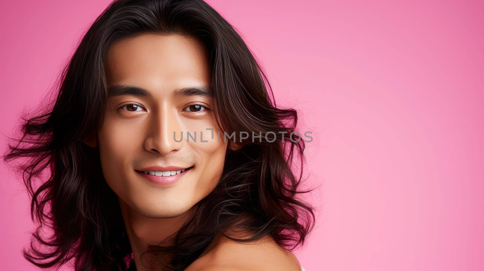 Elegant handsome smiling young Asian man with long hair, on pink, banner, copy space, portrait. by Alla_Yurtayeva