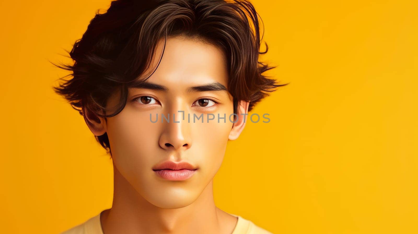 Elegant handsome young male guy Asian, on yellow, banner, copy space, portrait. Advertising of cosmetic products, spa treatments, shampoos and hair care products, dentistry and medicine, perfumes and cosmetology for men