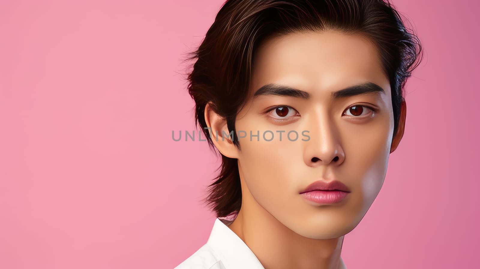 Elegant handsome young male guy Asian, on pink background, banner, copy space, portrait. by Alla_Yurtayeva