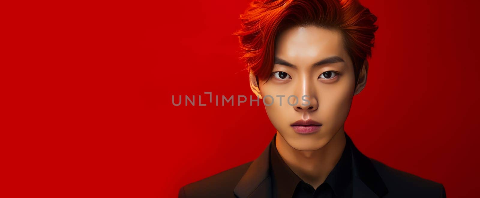 Elegant handsome young male Asian guy with short red hair, on a red background, banner, copy space, portrait. Advertising of cosmetic products, spa treatments, shampoos and hair care products, dentistry and medicine, perfumes and cosmetology for men