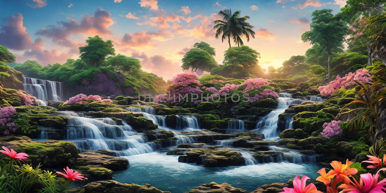 Fantasy landscape with waterfall at sunset, panorama.