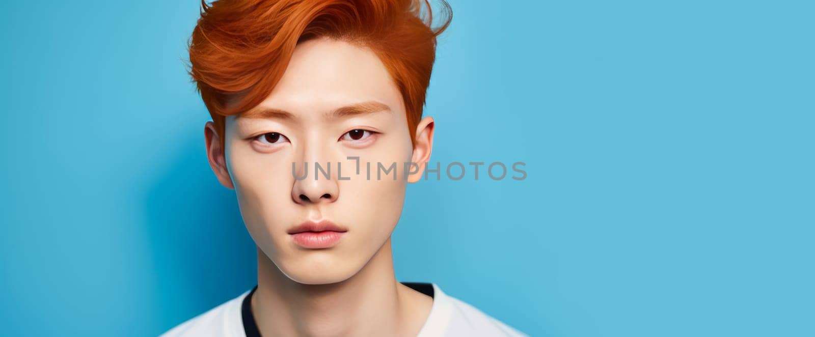 Elegant handsome young male Asian guy with short red hair, on a light blue background, banner, copy space, portrait. by Alla_Yurtayeva