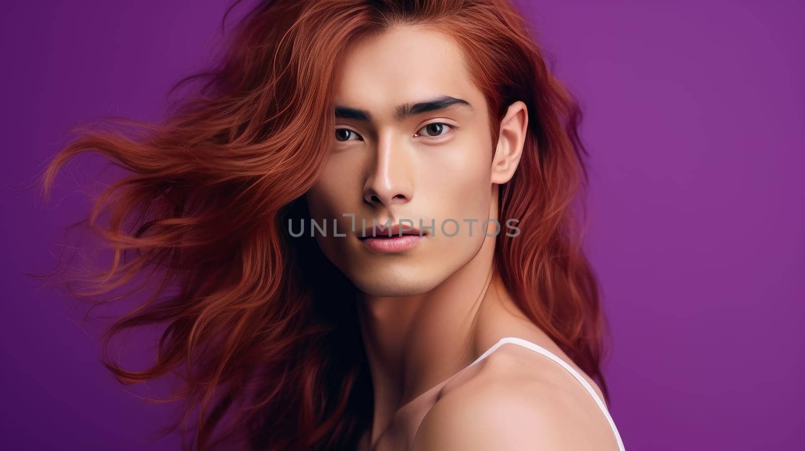 Handsome young male guy smile Asian with long red hair, on purple background, banner, copy space, portrait. by Alla_Yurtayeva
