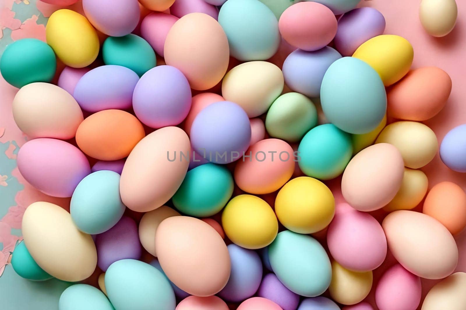 Pastel Easter Palette. A visually pleasing composition featuring a gradient of pastel-colored Easter decorations such as eggs accents arranged in an aesthetically pleasing manner, radiating a soft and dreamy atmosphere.