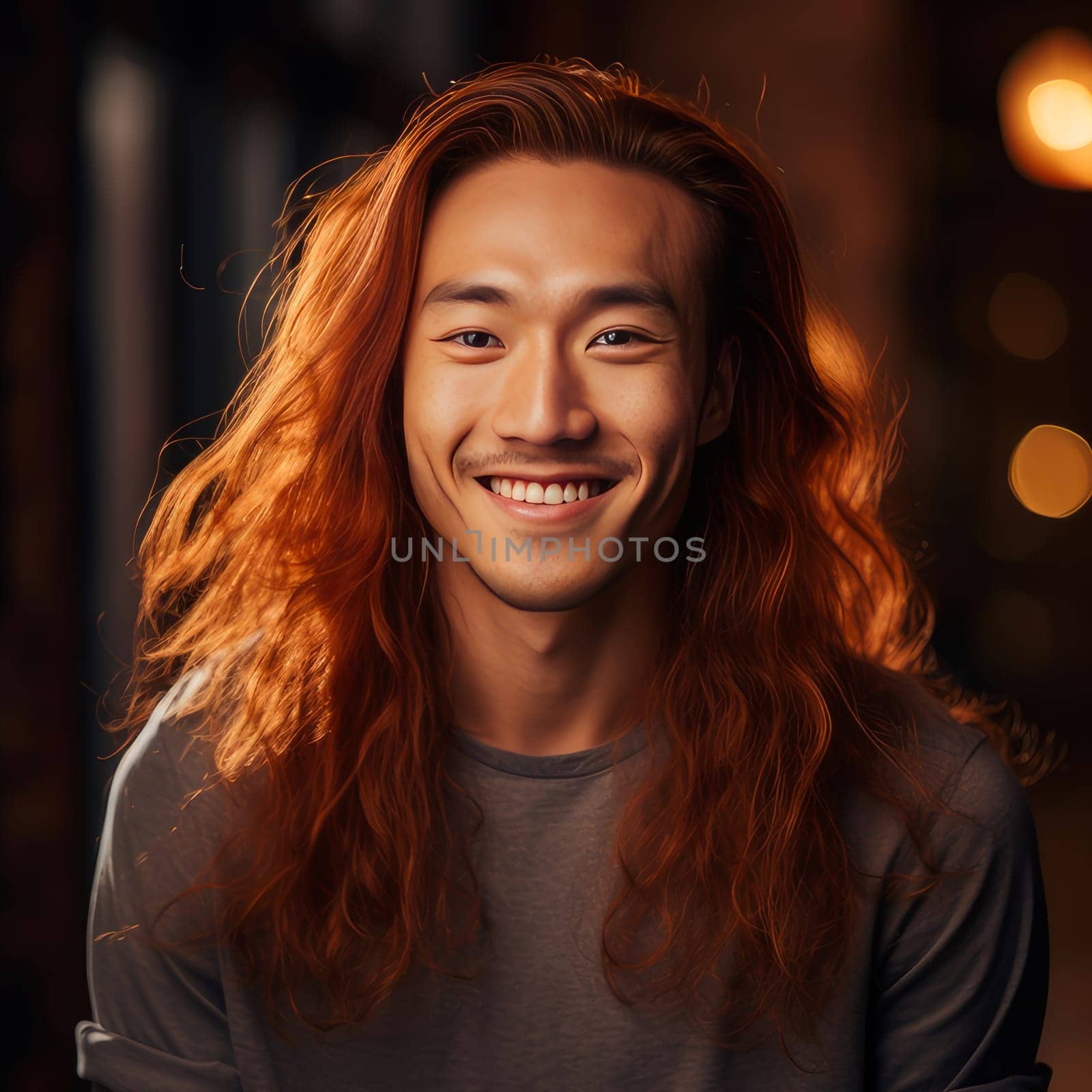 Handsome young male guy smile Asian with long red hair, on golden background, banner, copy space, portrait. Advertising of cosmetic products, spa treatments, shampoos and hair care products, dentistry and medicine, perfumes and cosmetology for men