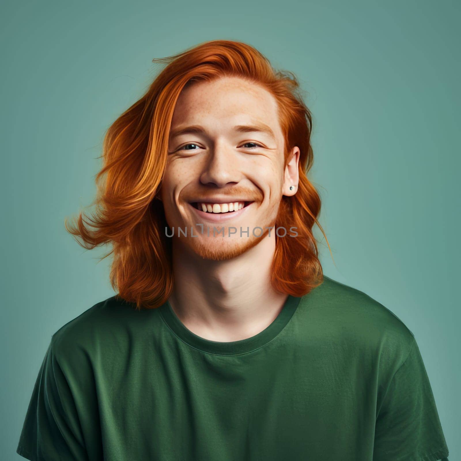 Handsome young man guy smile Asian with long red hair, on a light green background, banner, copy space, portrait. Advertising of cosmetic products, spa treatments, shampoos and hair care products, dentistry and medicine, perfumes and cosmetology men