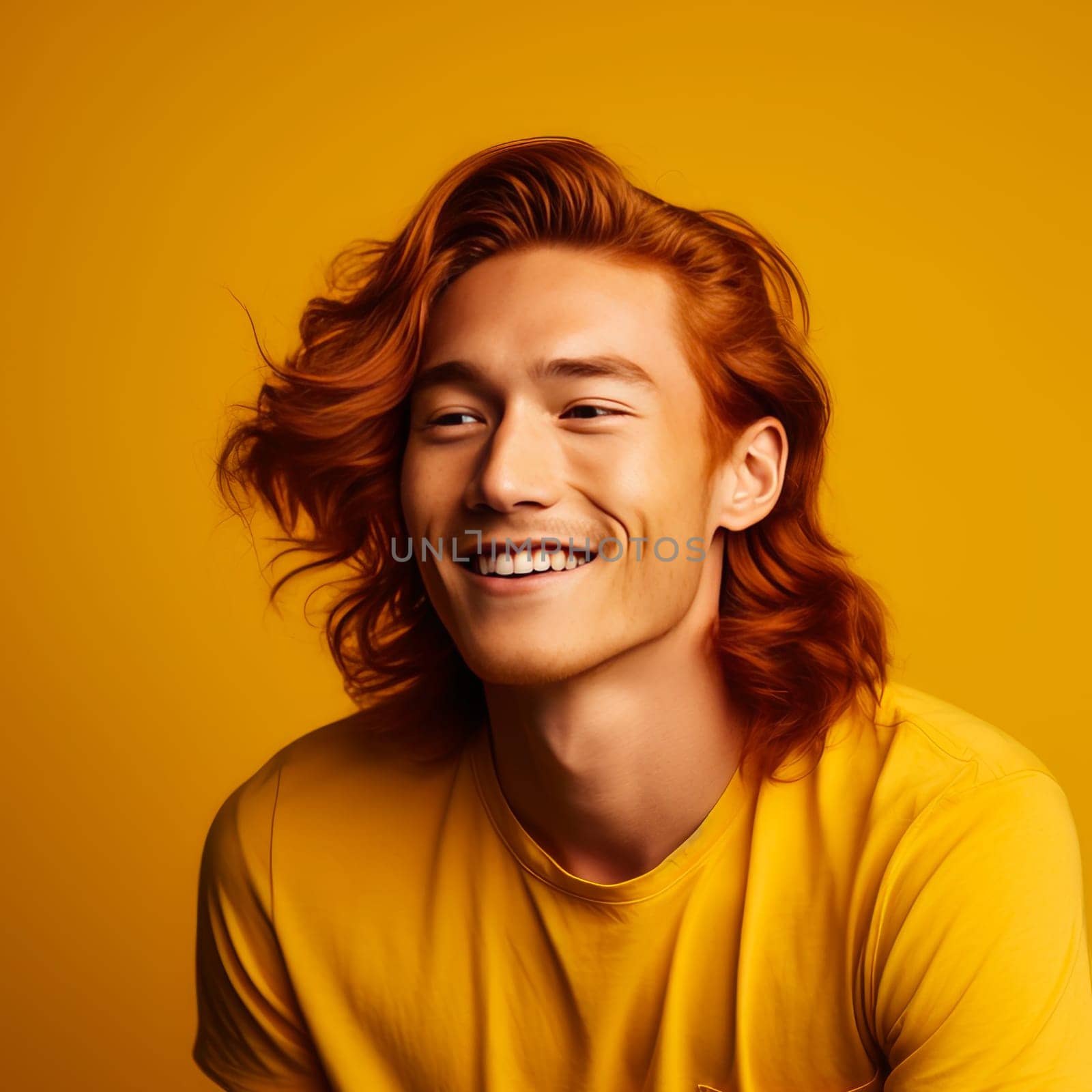 Handsome young male guy smile Asian with long red hair, on yellow orange background, banner, copy space, portrait. Advertising of cosmetic products, spa treatments, shampoos and hair care products, dentistry and medicine, perfumes and cosmetology men