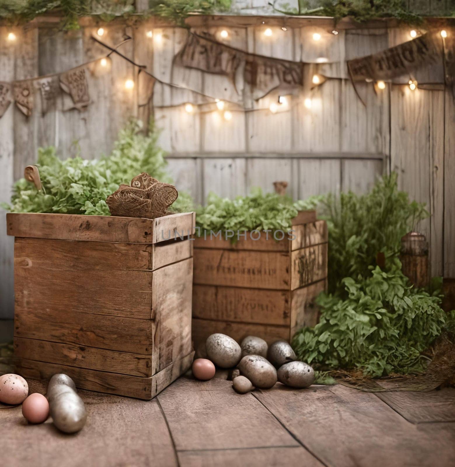 Rustic Easter Charm. A rustic vignette featuring weathered wooden crates, burlap accents, and vintage-inspired Easter decorations like metal bunny silhouettes or distressed signage, evoking a sense of nostalgia and country charm.