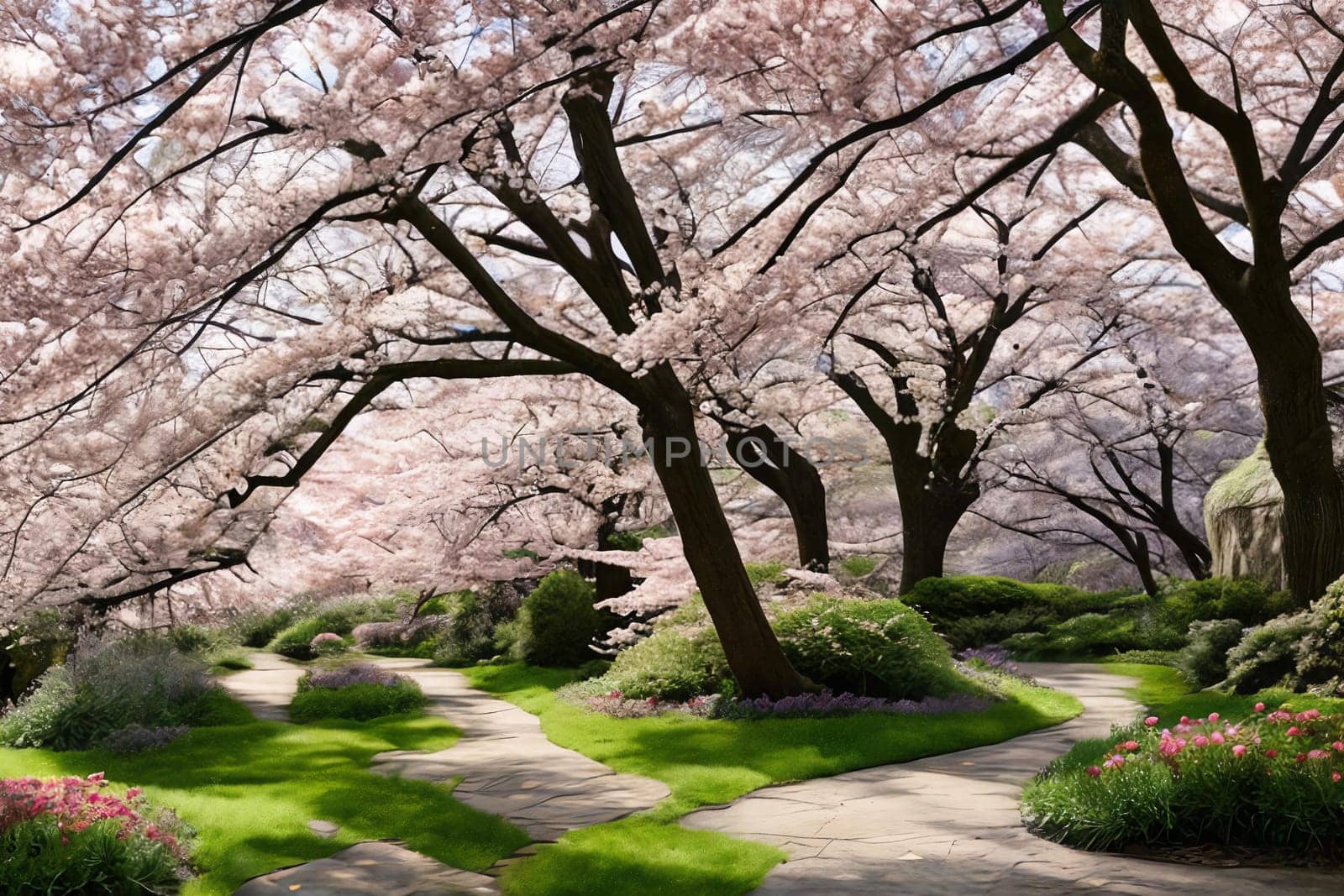 Springtime Botanicals. A collection of botanical elements associated with Easter, cherry blossoms, arranged in a harmonious composition that celebrates the beauty of nature's seasonal renewal.