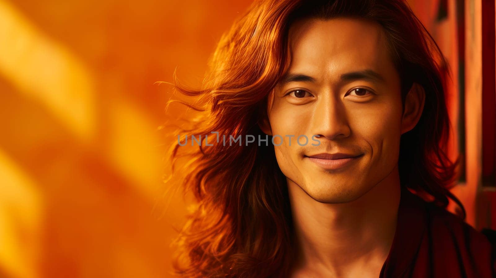 Handsome young man guy smile Asian with long red hair, on a gold background, banner, copy space, portrait. by Alla_Yurtayeva